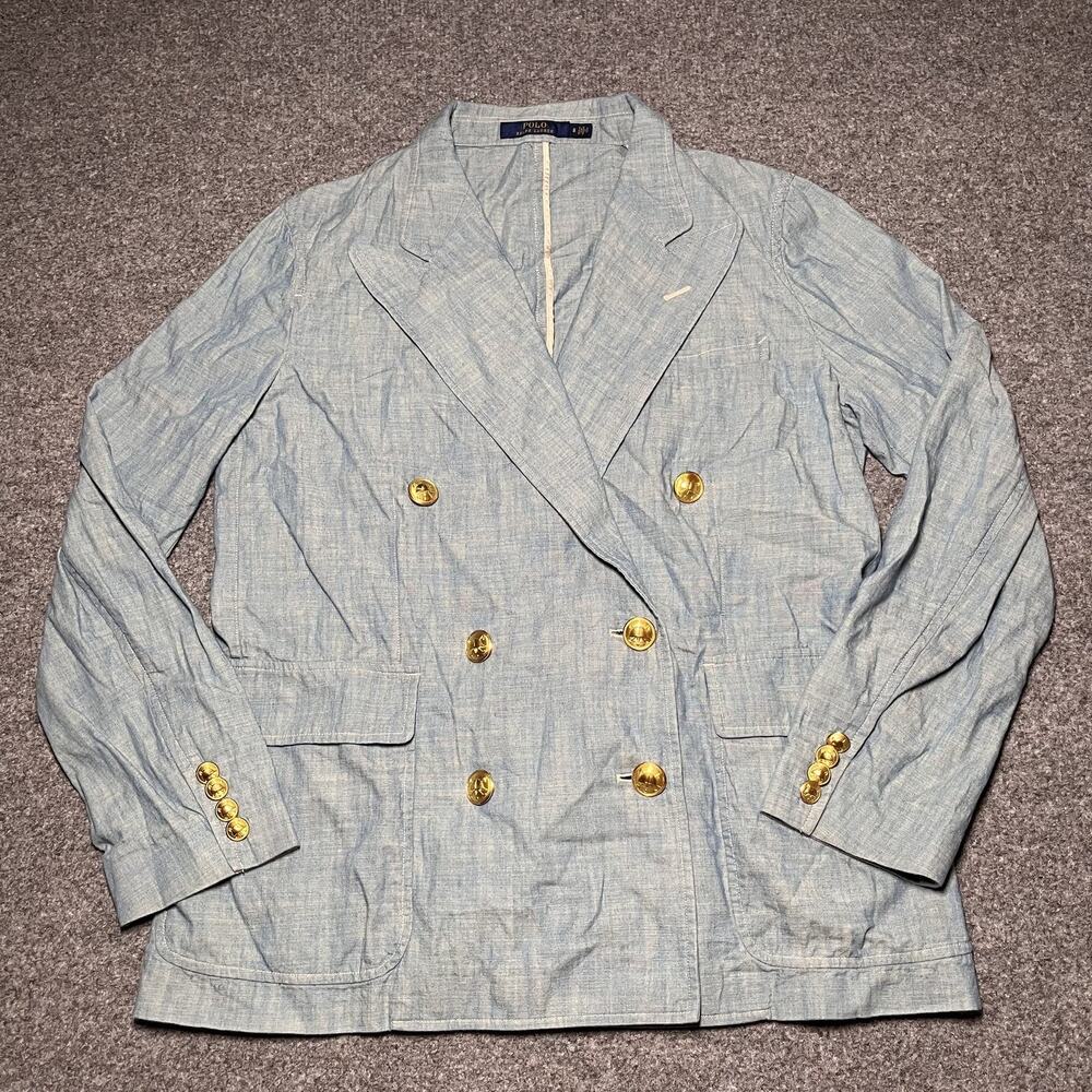 Polo Ralph Lauren Blazer Womens 8 Blue Cotton Chambray Jacket Sailor Nautical